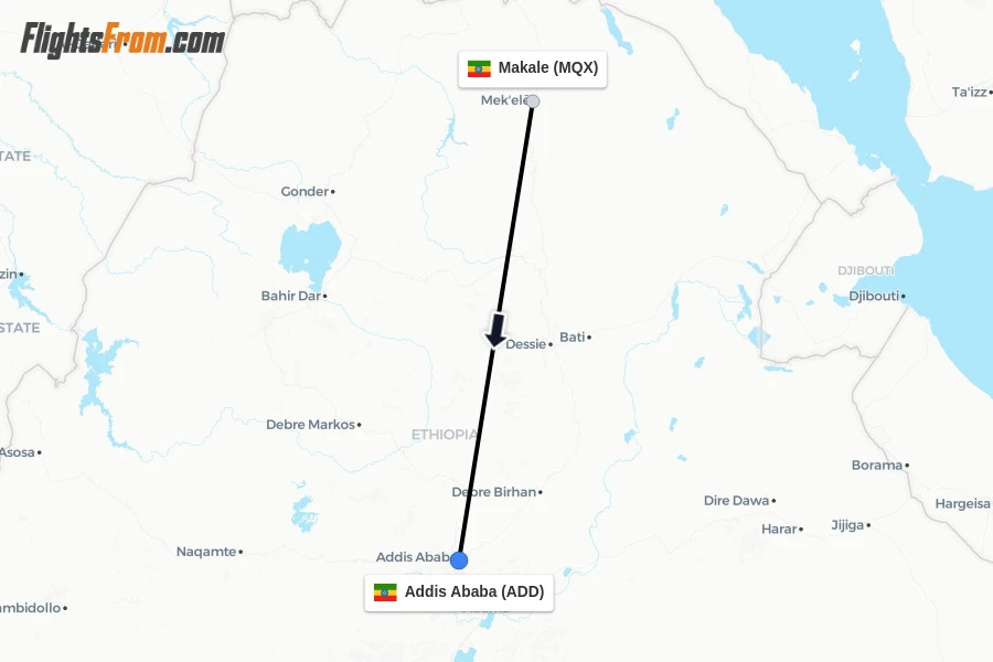 Flights from Makale to Addis Ababa route map