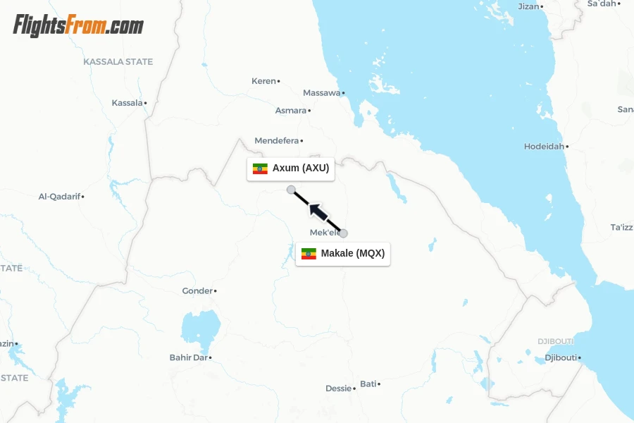 Flights from Makale to Axum route map