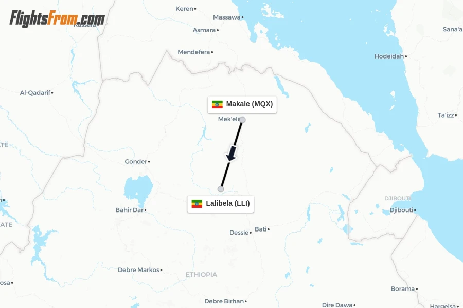 Flights from Makale to Lalibela route map