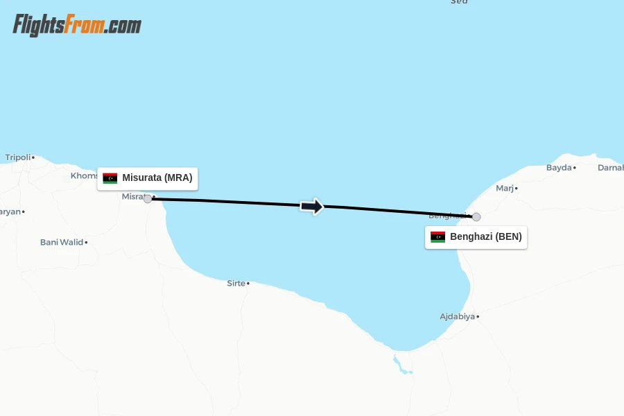 Flights from Misurata to Benghazi route map