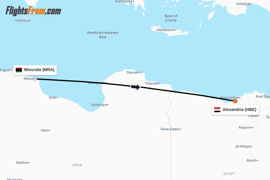 Flights from Misurata to Alexandria route map