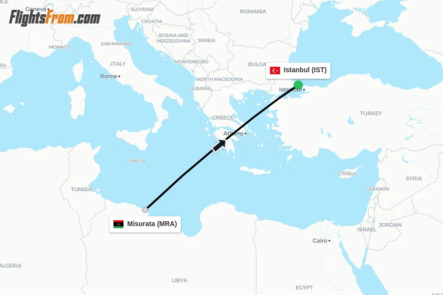Flights from Misurata to Istanbul route map