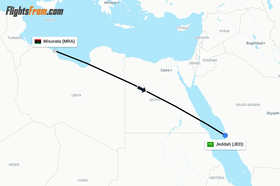 Flights from Misurata to Jeddah route map