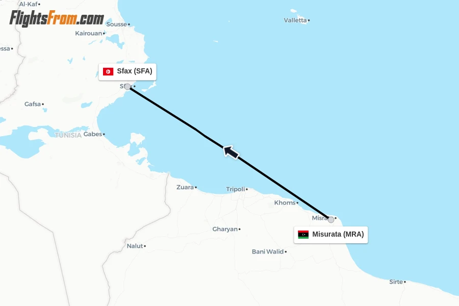 Flights from Misurata to Sfax route map