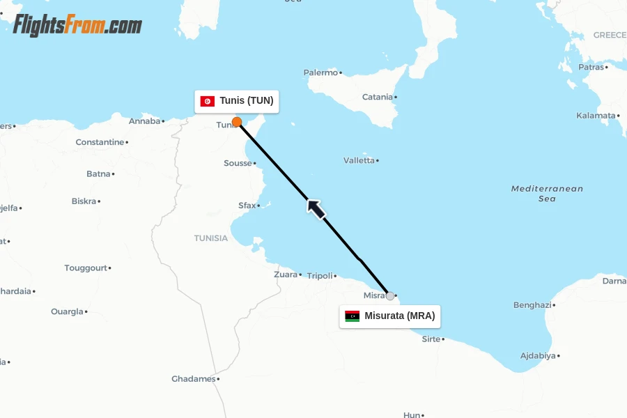 Flights from Misurata to Tunis route map