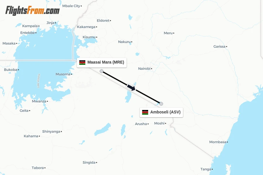 Flights from Maasai Mara to Amboseli route map