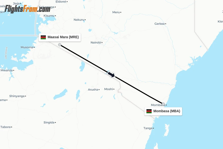 Flights from Maasai Mara to Mombasa route map