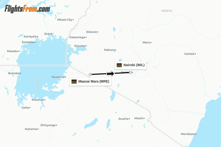 Flights from Maasai Mara to Nairobi route map