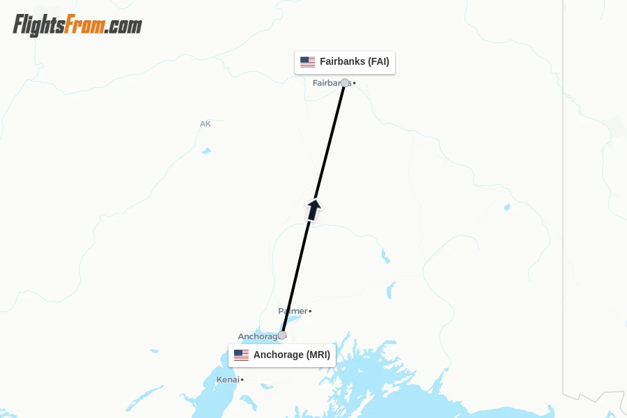 Flights from Anchorage to Fairbanks route map