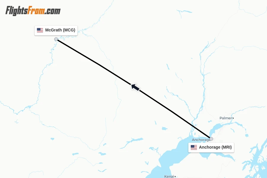 Flights from Anchorage to McGrath route map