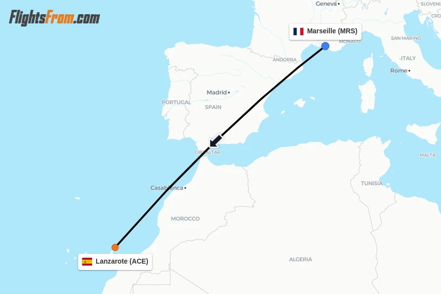 Flights from Marseille to Lanzarote route map