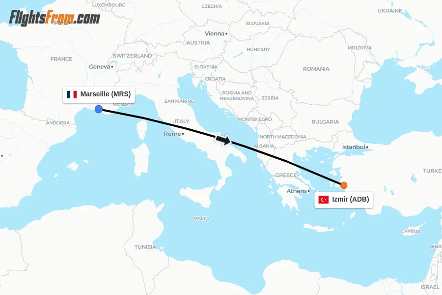 Flights from Marseille to Izmir route map