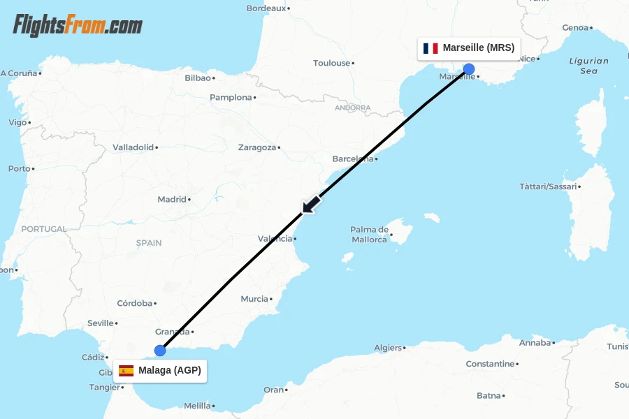 Flights from Marseille to Malaga route map