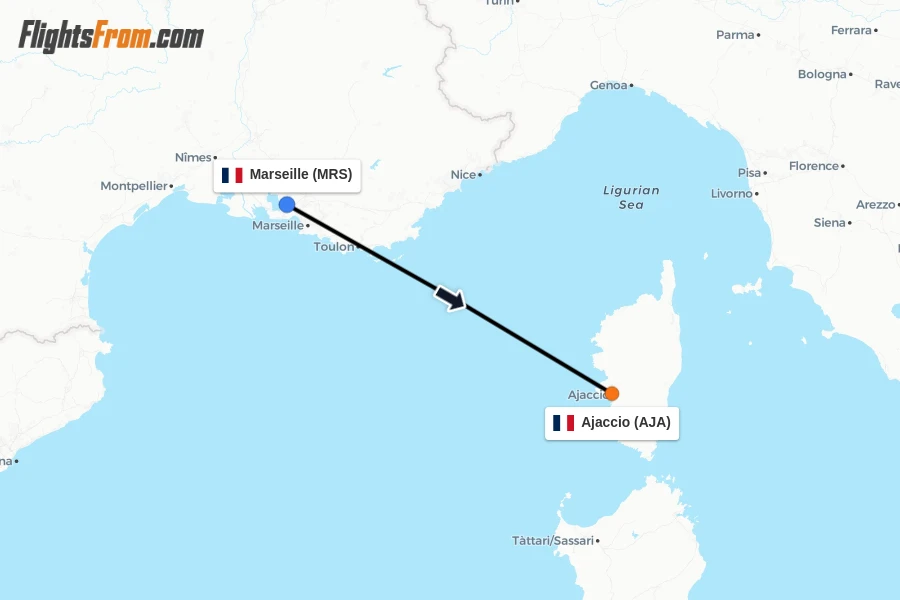Flights from Marseille to Ajaccio route map