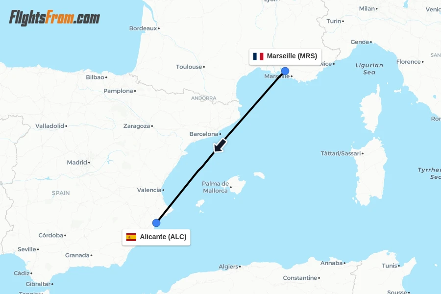 Flights from Marseille to Alicante route map