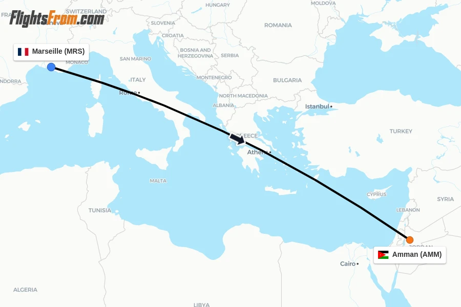Flights from Marseille to Amman route map