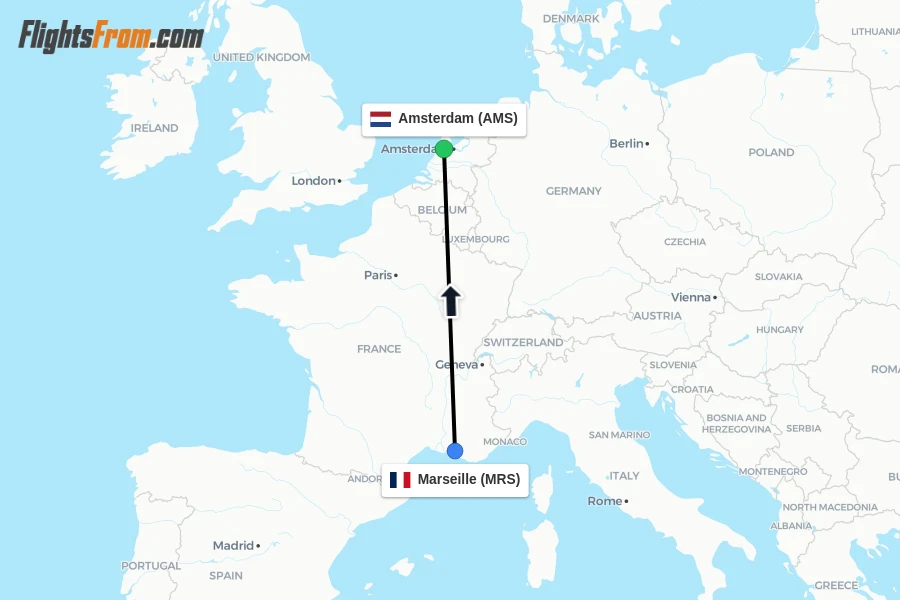 Flights from Marseille to Amsterdam route map