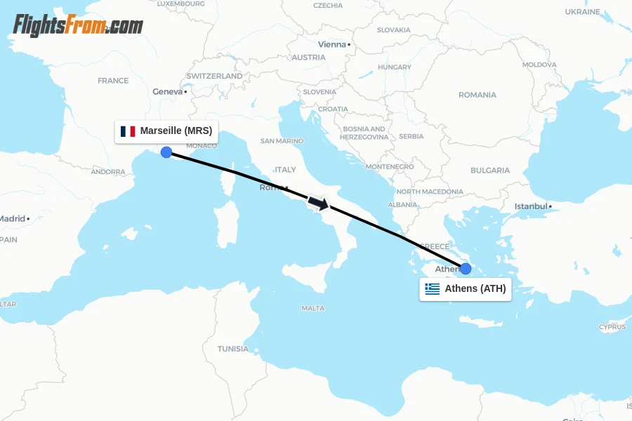 Flights from Marseille to Athens route map