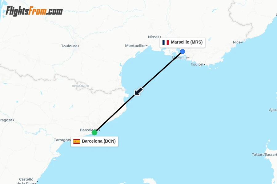 Flights from Marseille to Barcelona route map