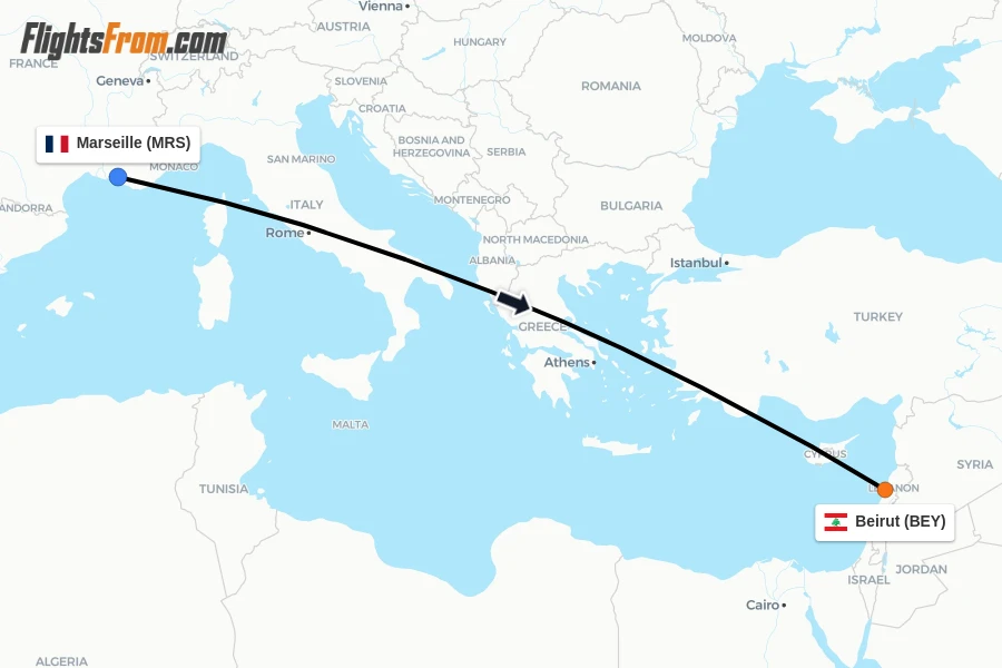 Flights from Marseille to Beirut route map