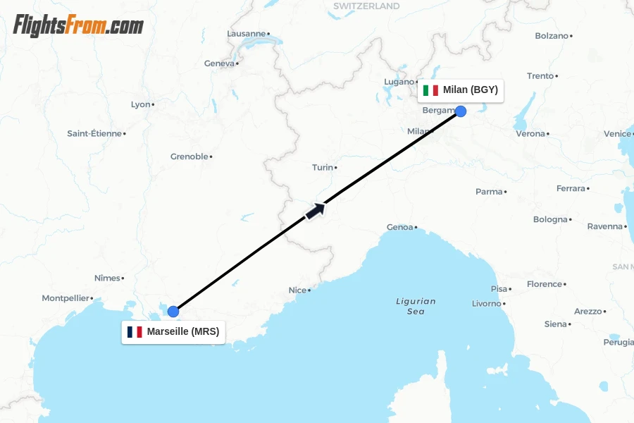 Flights from Marseille to Milan route map