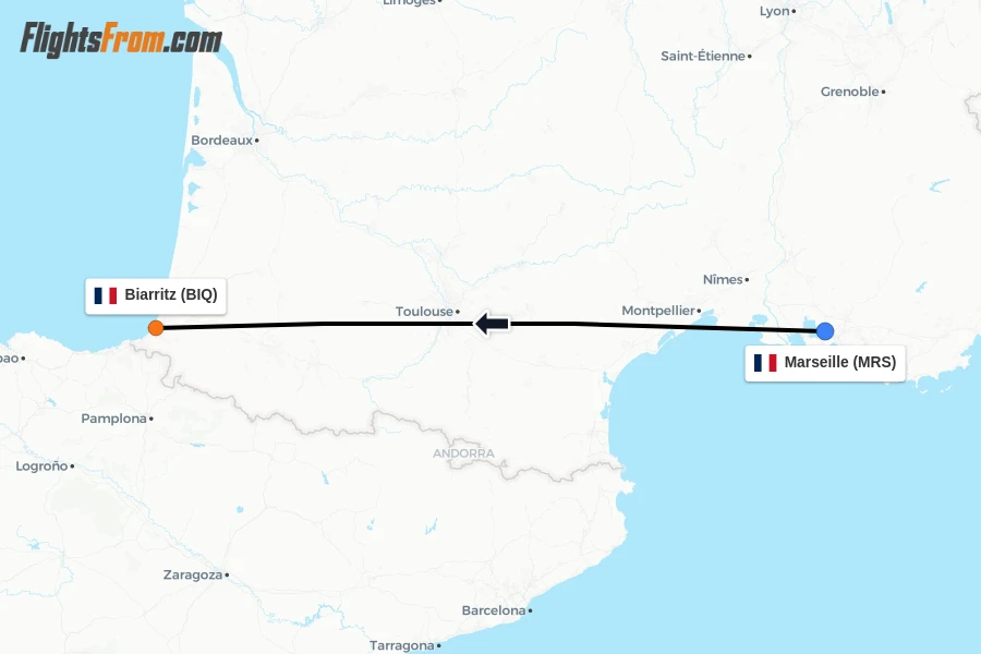 Flights from Marseille to Biarritz route map