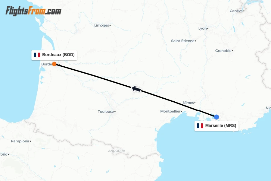 Flights from Marseille to Bordeaux route map