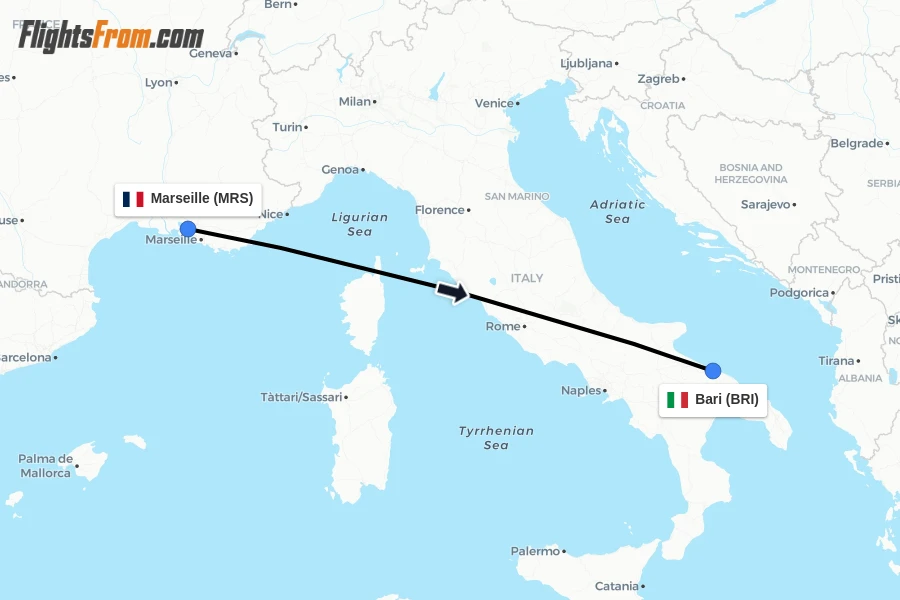 Flights from Marseille to Bari route map