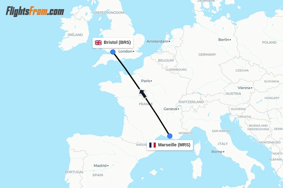 Flights from Marseille to Bristol route map
