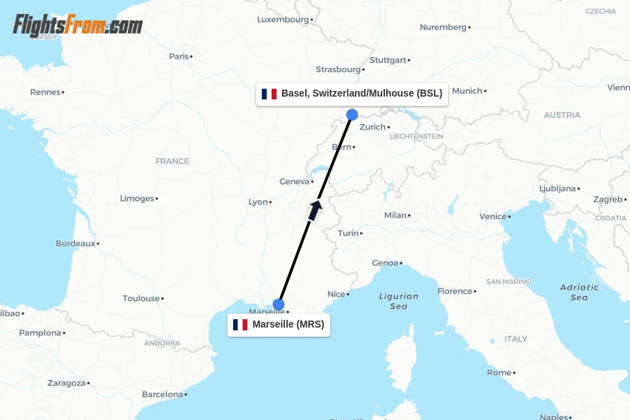 Flights from Marseille to Basel, Switzerland/Mulhouse route map