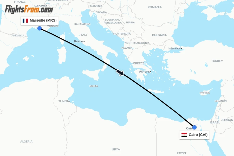 Flights from Marseille to Cairo route map