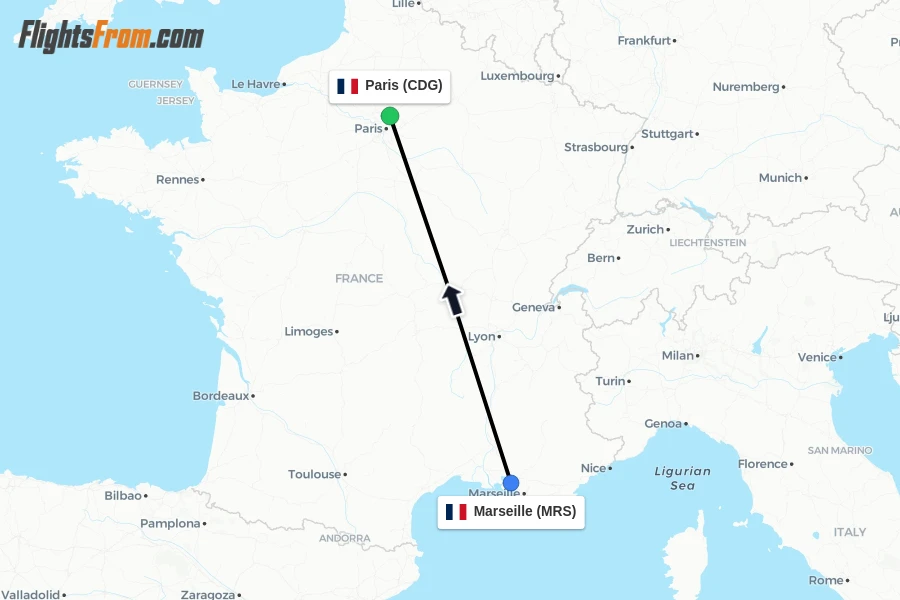 Flights from Marseille to Paris route map