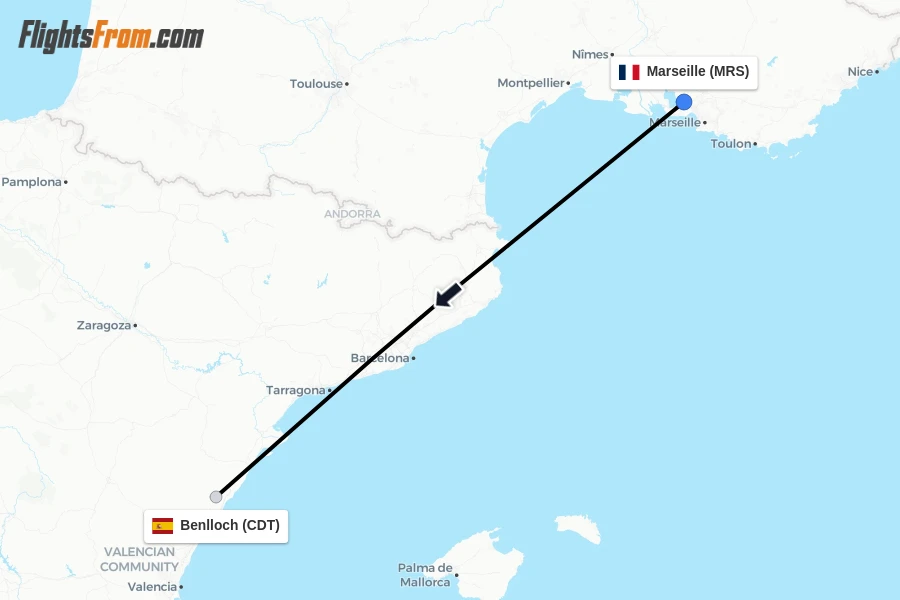 Flights from Marseille to Benlloch route map