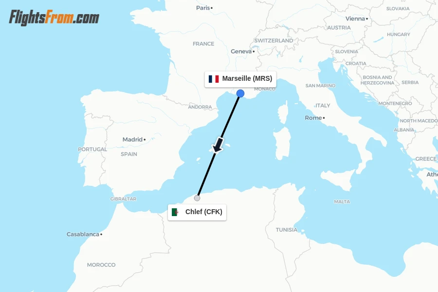 Flights from Marseille to Chlef route map