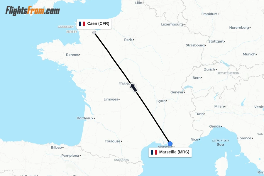 Flights from Marseille to Caen route map