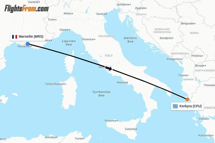 Flights from Marseille to Kerkyra route map