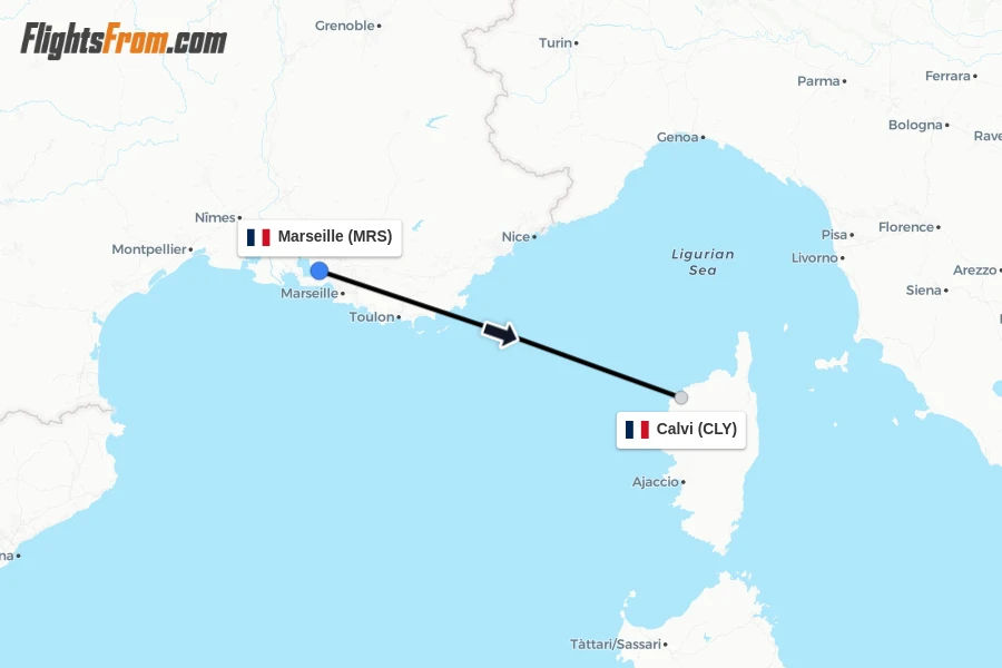 Flights from Marseille to Calvi route map