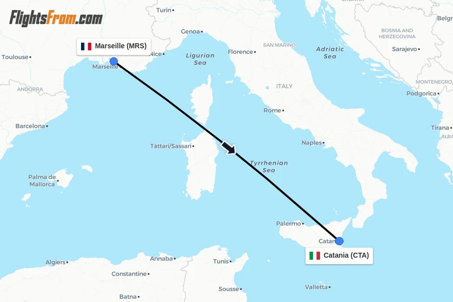 Flights from Marseille to Catania route map