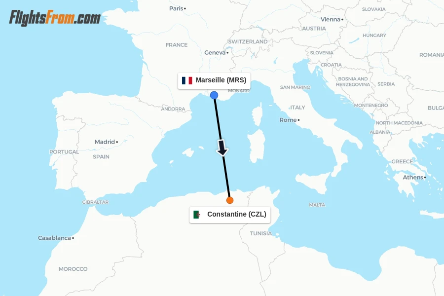 Flights from Marseille to Constantine route map