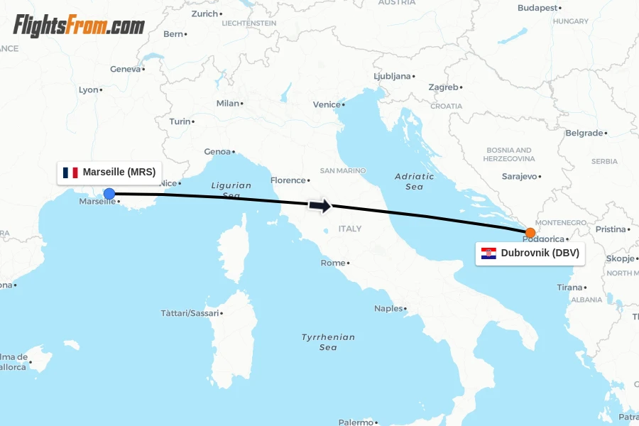 Flights from Marseille to Dubrovnik route map