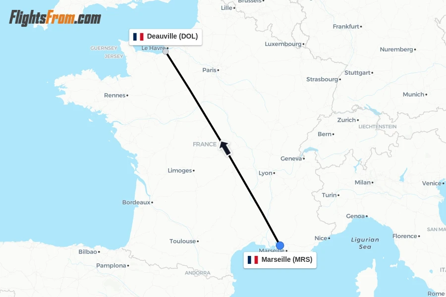 Flights from Marseille to Deauville route map