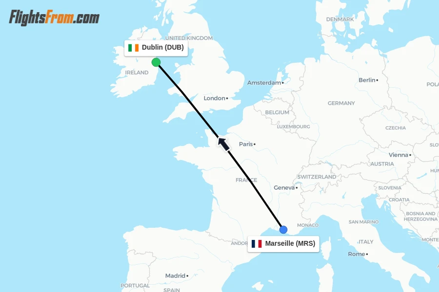 Flights from Marseille to Dublin route map