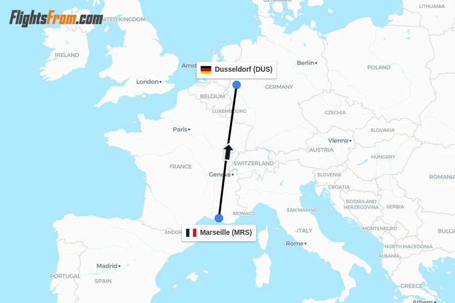 Flights from Marseille to Dusseldorf route map