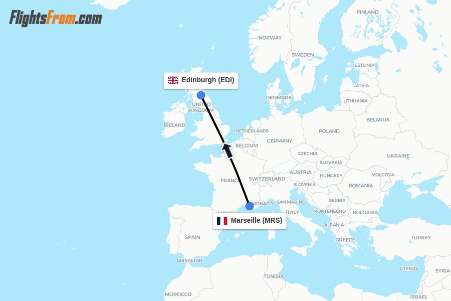 Flights from Marseille to Edinburgh route map