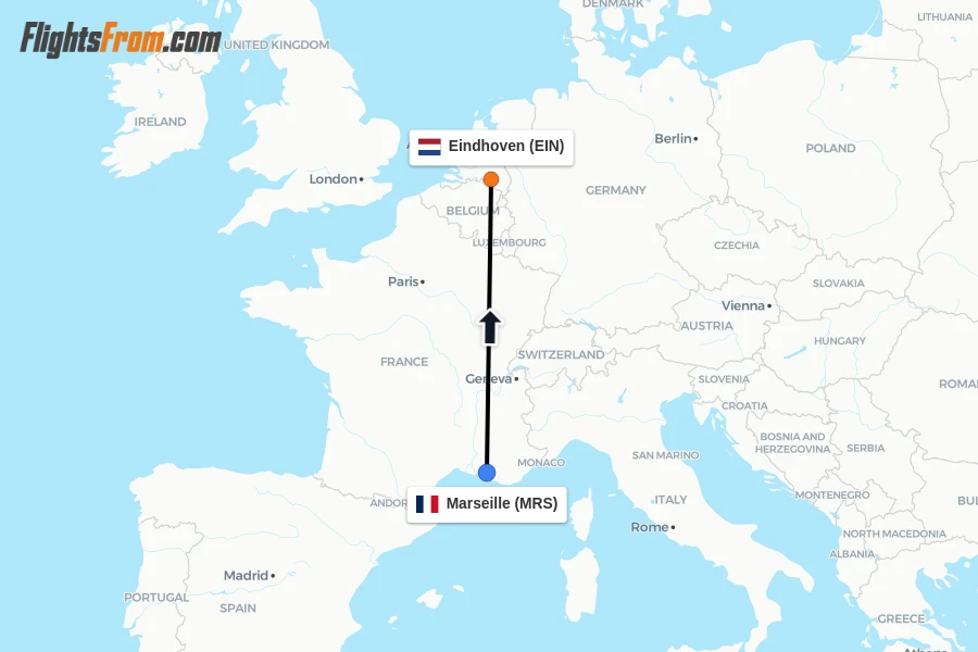 Flights from Marseille to Eindhoven route map