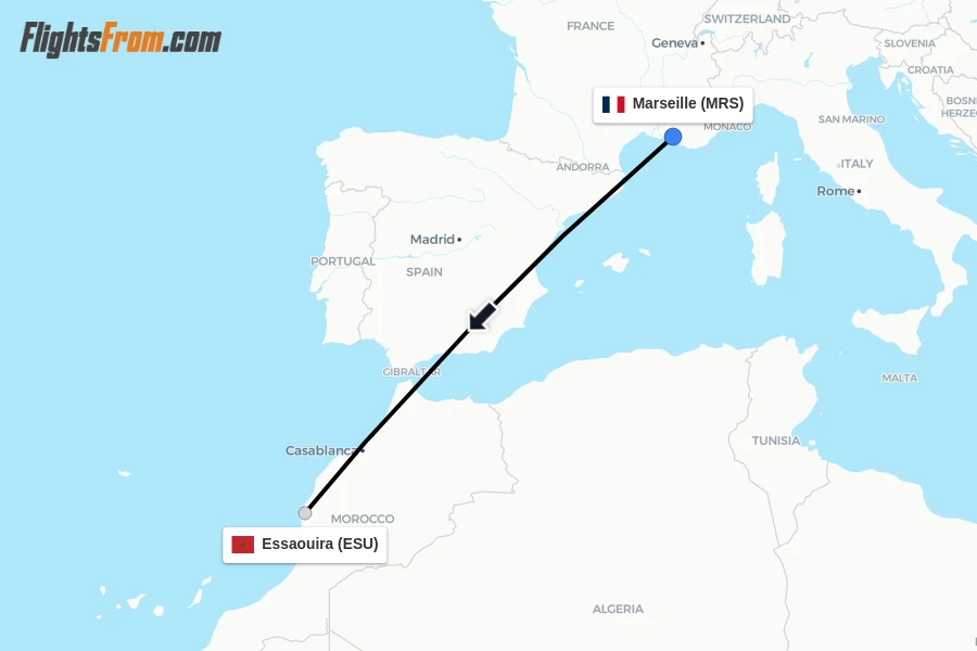 Flights from Marseille to Essaouira route map