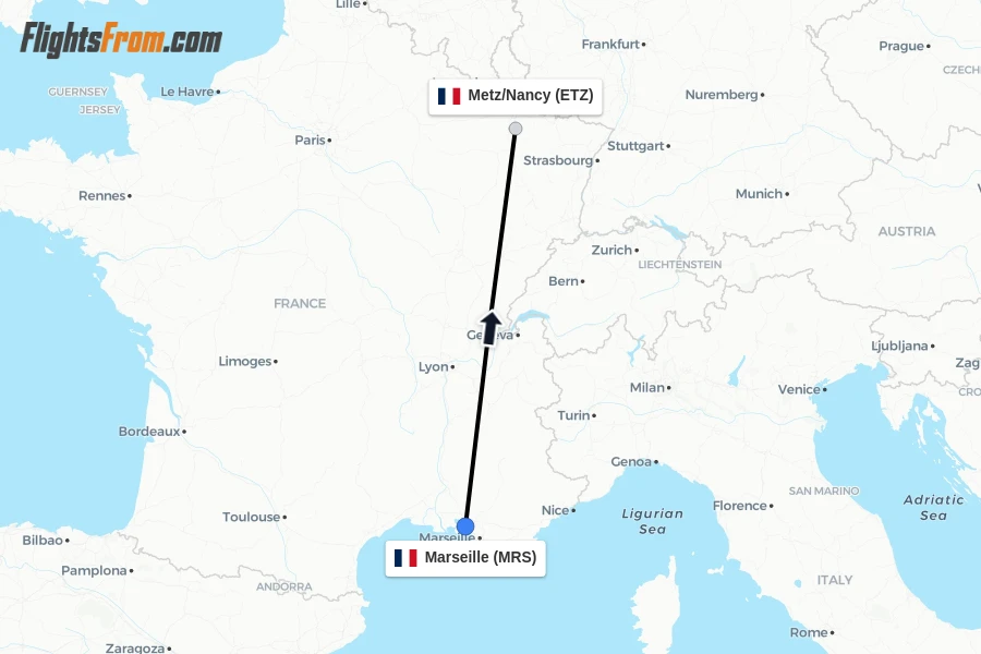 Flights from Marseille to Metz/Nancy route map