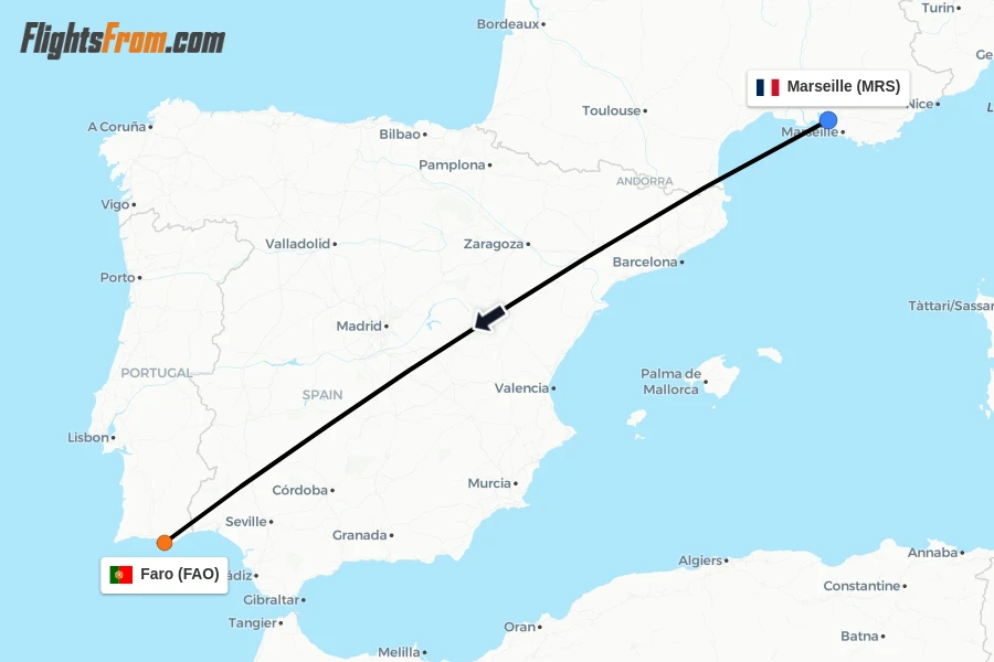 Flights from Marseille to Faro route map