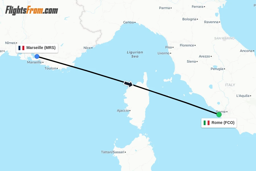 Flights from Marseille to Rome route map