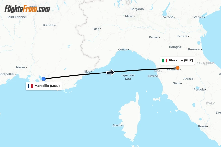 Flights from Marseille to Florence route map